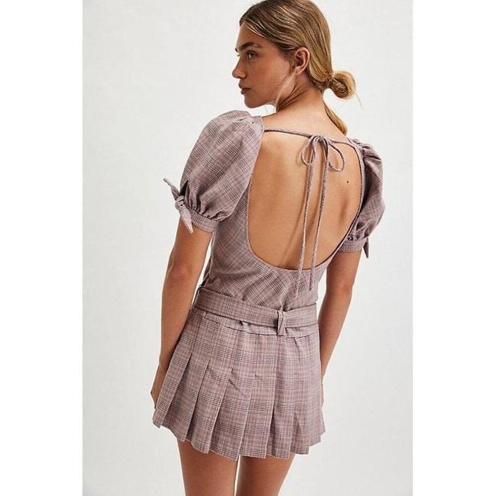 Free People Sevi Plaid Mini Dress Puff Sleeve Grey and Pink Combo Size L NWOT - Picture 3 of 12